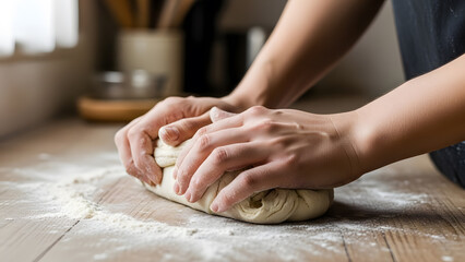 Fototapeta premium Close up of hands kneading raw dough on a wooden floured surface in a kitchen
