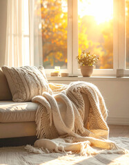 Cozy living room interior with chunky knit blanket on a fabric sofa in warm morning light