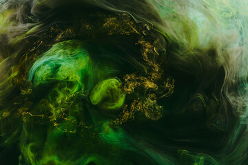 Abstract green background. Moving smoke flow, fluid liquid art.
