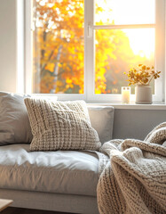 Cozy living room interior with chunky knit blanket on a fabric sofa in warm morning light