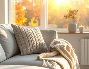 Cozy living room interior with chunky knit blanket on a fabric sofa in warm morning light