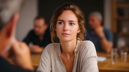 Young woman in deep thought attentively listening during a focused indoor discussion with colleagues