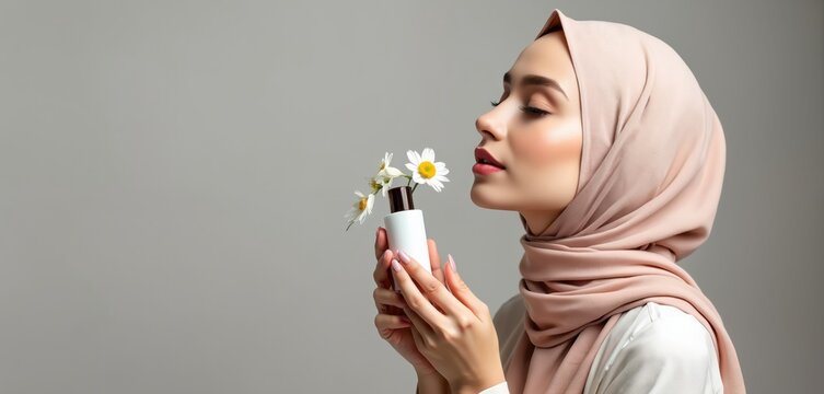 Muslim woman in hijab sniffs floral aroma from skincare product. Female enjoys natural scent from cosmetic bottle. Beauty concept for middle eastern modern skincare. Natural floral refreshing beauty.
