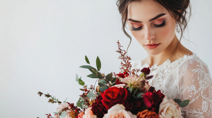 Bride in Lace Dress Holding Bouquet of Red White and Pink Flowers