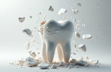 Cracked white tooth breaks apart with fragments flying. Symbolizes decay, fragility, and dental problems like cavities or enamel loss. Offers visual representation of oral health issues.