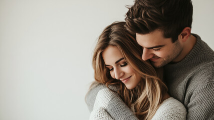 Young Couple Embracing Close Up in Cozy Knitwear