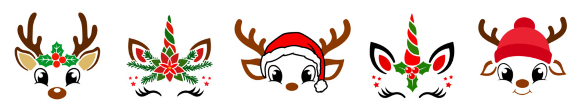 Christmas Reindeer & Unicorn Face Set &mdash; Cute Rudolph Antlers, Festive Holiday Colors & Winter Characters