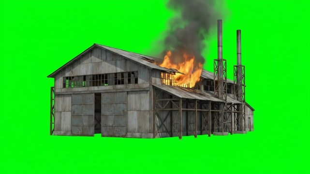 Burning industrial warehouse structure with smoke billowing into the sky, Rusted corrugated metal building engulfed in flames and emitting dark smoke plumes