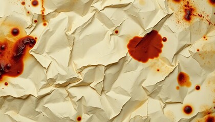 Close-up of crumpled, coffee-stained paper with visible texture and dark brown stains,  material,  time