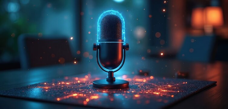 Futuristic microphone glows with blue light on table. Voice recognition, AI, modern tech concept. Mic for podcast recording, voice assistance, communication online via neural network. Smart home