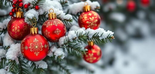 Elegant red and gold Christmas ornaments on a snowy pine bough, decoration set, conifer