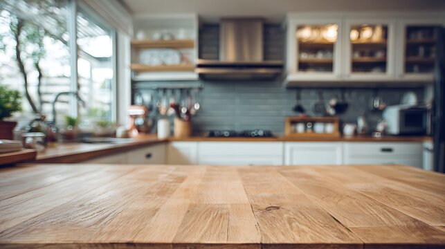 A blurred kitchen scene with wooden table in the foreground, perfect for showcasing objects