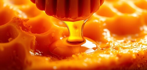 Golden honey dripping from honeycomb, close-up view,  wildlife,  bees wings