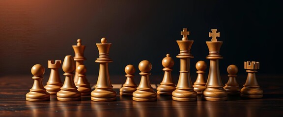 Hand-carved wooden chess pieces on dark wood surface,  pawn,  pieces