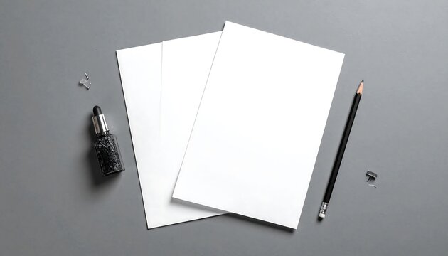 Overhead shot featuring a stack of blank white paper atop a grey surface, along with a pencil and ink