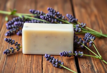 Luxury lavender soap bar on rustic wood background, soothing, body wash