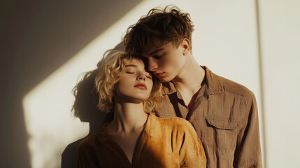 Young Couple Leaning Against Wall in Warm Light