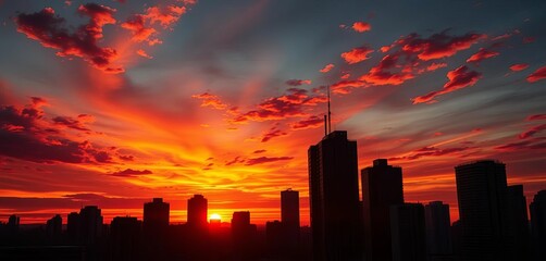 Silhouetted cityscape at sunset, fiery sky ablaze,  metropolitan, sunset