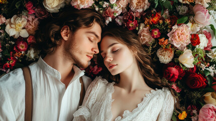Young Couple Resting Among Colorful Flowers in Romantic Scene