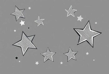 Whimsical, unevenly sized stars sketched in charcoal, varying shades of gray, ink, element