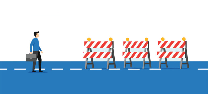 Business Challenge and Obstacle Concept with Professional Man Walking Toward Road Barriers Showing Blocked Path, Risk, and Decision Making Flat Vector Illustration