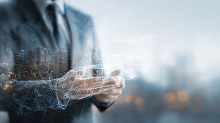 Double exposure of business theme hologram drawing and city veiw background. Concept of success