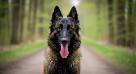 A German Shepherd dog with its tongue out stands on a forest path.