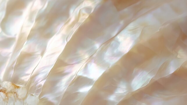 Mother of pearl texture in white as a shiny and elegant backdrop, perfect for jewelry advertisements, high-end stationery, or delicate and beautiful design compositions.