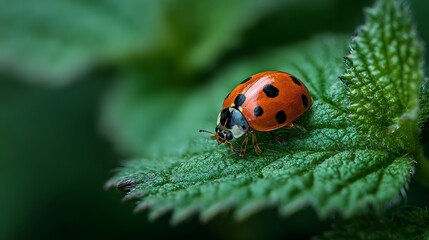 Fototapeta premium A close-up shot of a ladybug perched on a vibrant green leaf. Nature's beauty