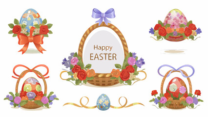 Fototapeta premium Vibrant Easter eggs in baskets with flowers and ribbons