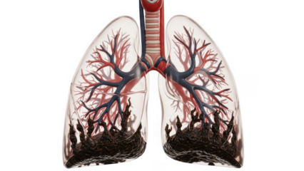 Anatomical lungs with dark tar deposits at the base and branching blood vessels isolated on a transparent background