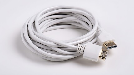 A coiled, white electronic cable with connectors at both ends, sitting on a white surface
