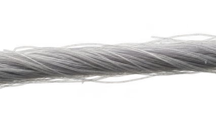Close up of a thick white twisted synthetic rope with frayed ends isolated on a transparent background