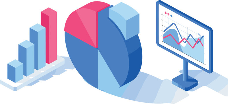 Isometric Data Visualization and Business Analytics Concept with Pie Chart, Bar Graphs, and Performance Dashboard for 
Financial Reporting and Statistical Analysis