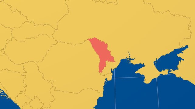 Moldova on Globe. Animated zoom into the country in Ocean Blue Golden Yellow color palette. Moldova logo animation. Map with meridians, parallels. Appealing video.