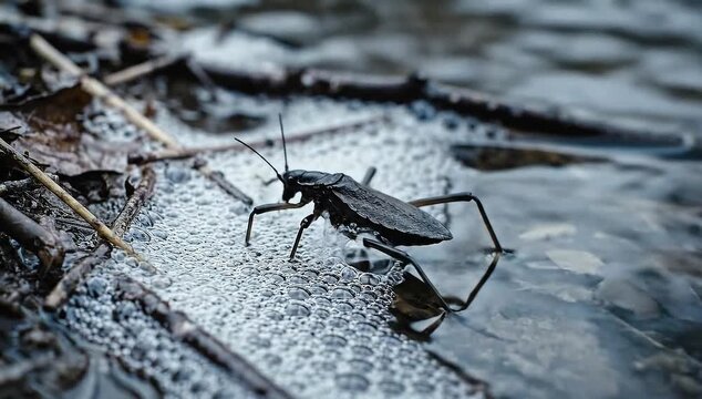 Water strider insect resting on water surface and foam in wetlands