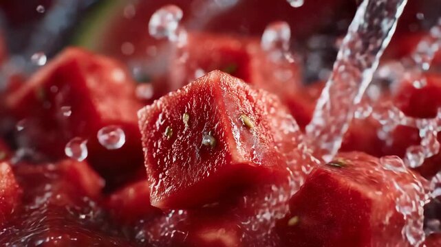 57Macro close-up of juicy watermelon cubes, water splashing around them as they fly, vibrant red texture, glistening moisture, refreshing and energetic food scene