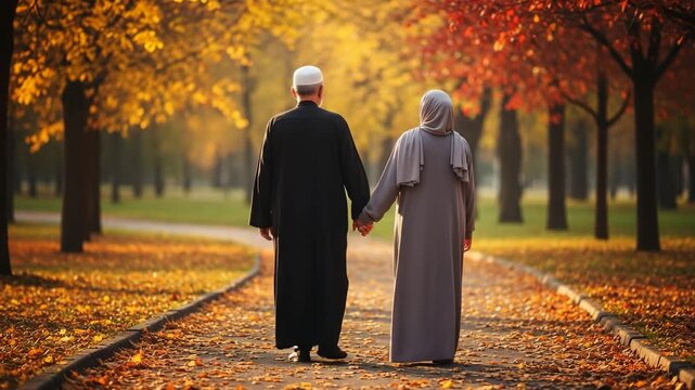 Muslim couple gracefully walking hand-in-hand through autumn park with leaves falling, showing love and togetherness in nature