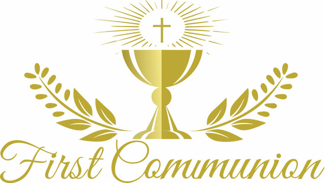 Golden First Communion logo with cross and laurel leaves