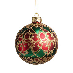 Luxury Red and Green Christmas Ball Ornament with Gold Pattern Isolated on Transparent Background
