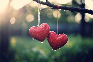 Two red heart ornaments hanging from a tree branch with water droplets on a romantic background with romance