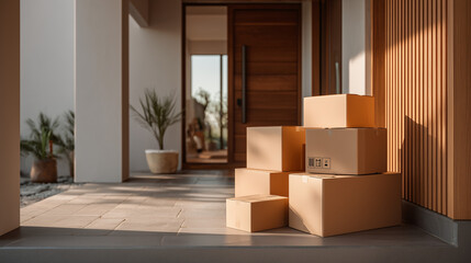 Moving boxes at the entrance of a new home, representing relocation and the excitement of settling into a new space.