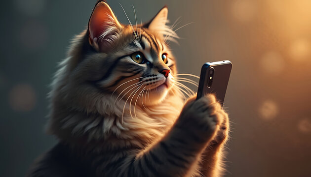 Fluffy cat holds smartphone looking amazed. Feline pet using mobile phone for digital communication online. Adorable animal with a curious face using modern tech.