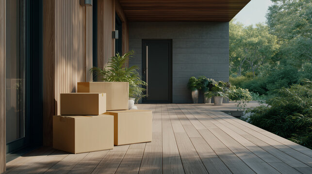 Cozy entrance with moving boxes on a wooden porch, representing a new beginning and relocation services.