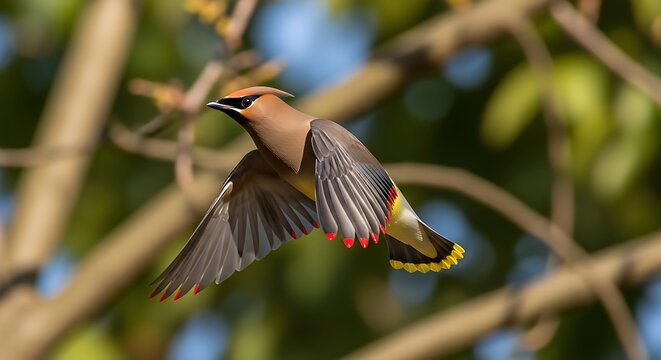 A cedar waxwing bird flies with wings spread wide against a blurred background.