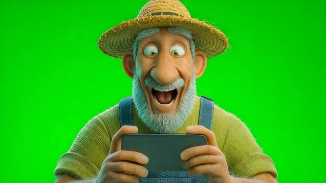 Cartoon old man with grey beard and straw hat holding smartphone surprised
