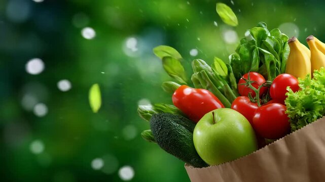 64Paper grocery bag with assorted fruits and vegetables flying out, apples, bananas, tomatoes, leafy greens suspended mid-air, clean green background with wide copyspace, symbolizing