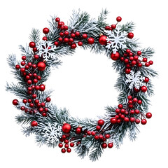 Christmas Wreath with Snowy Pine Branches and Red Berries Isolated on Transparent Background
