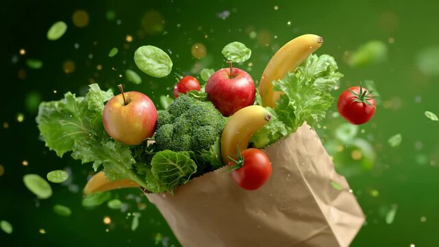 67Paper grocery bag with assorted fruits and vegetables flying out, apples, bananas, tomatoes, leafy greens suspended mid-air, clean green background with wide copyspace, symbolizing