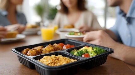 Obraz premium A partitioned meal container with chicken rice and vegetables on a table with people dining in the background